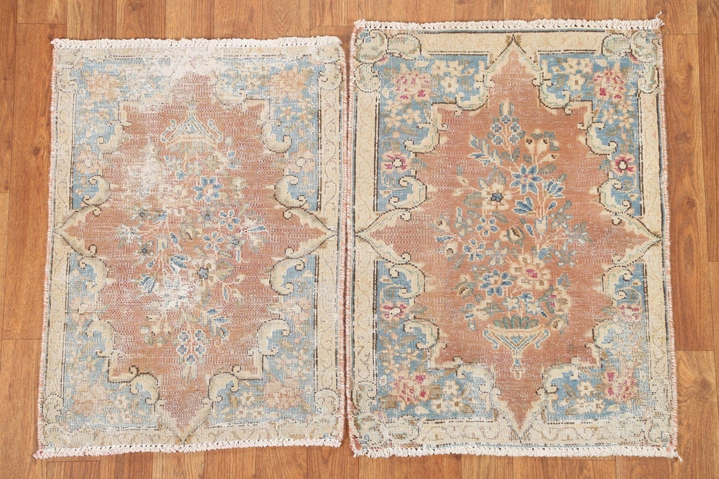 Set of 2 Antique Distressed Kerman Persian Rugs 2x2