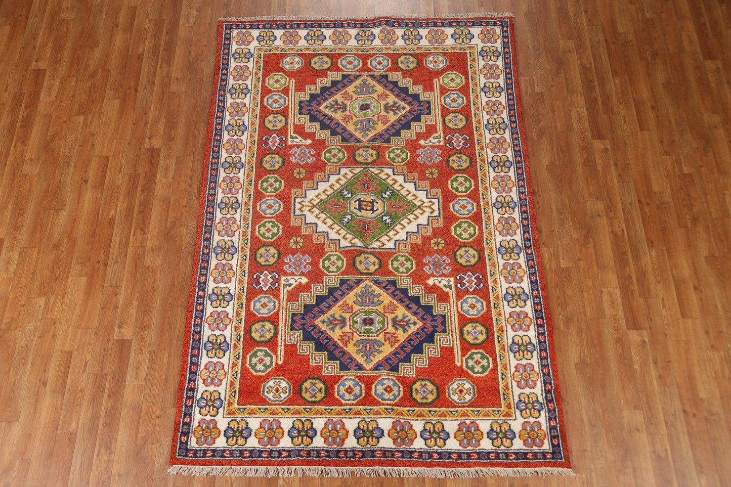 Orange Wool Kazak Area Rug 5x8