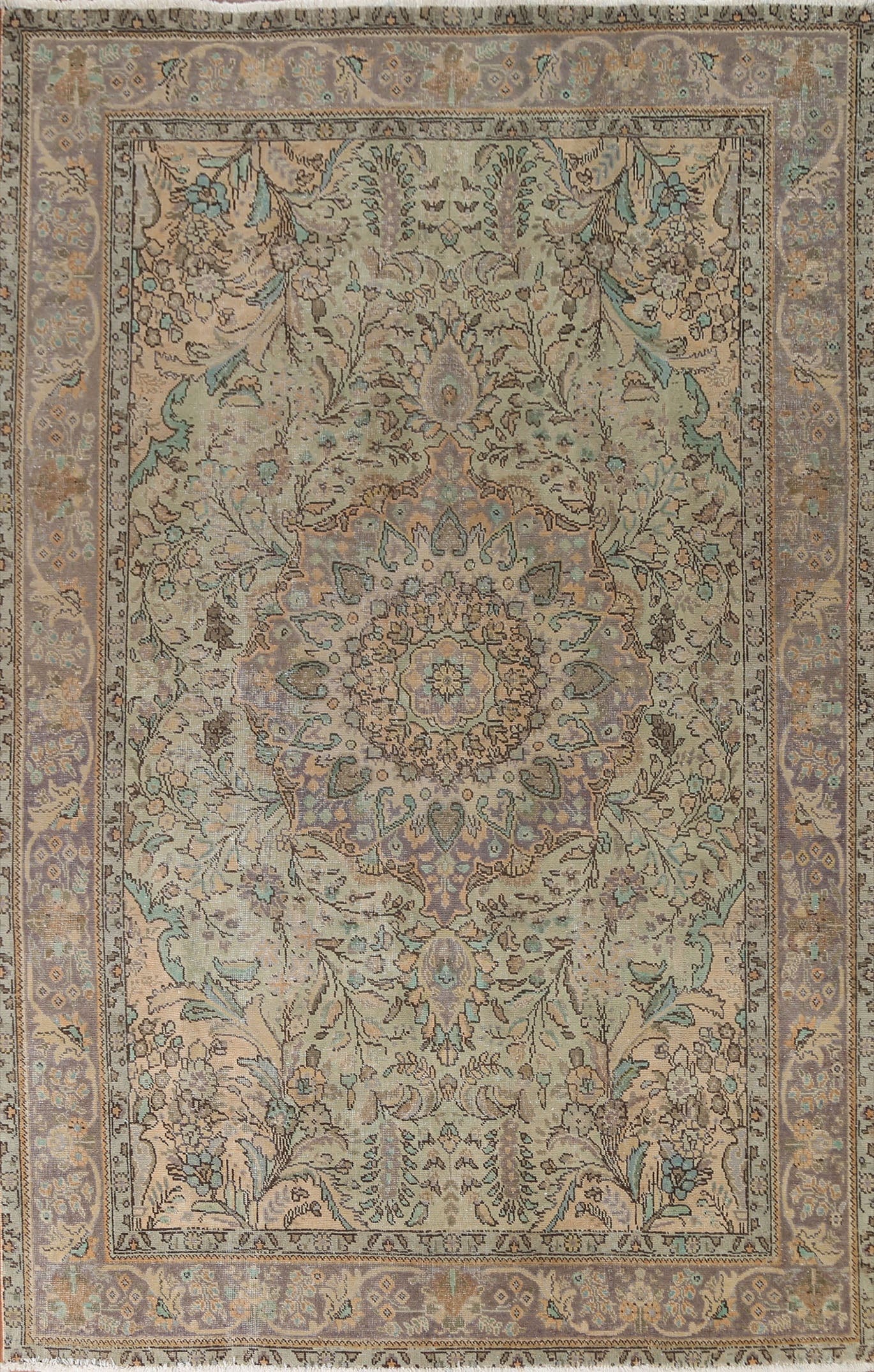 Vintage Green Tabriz Persian Area Rug 7x10