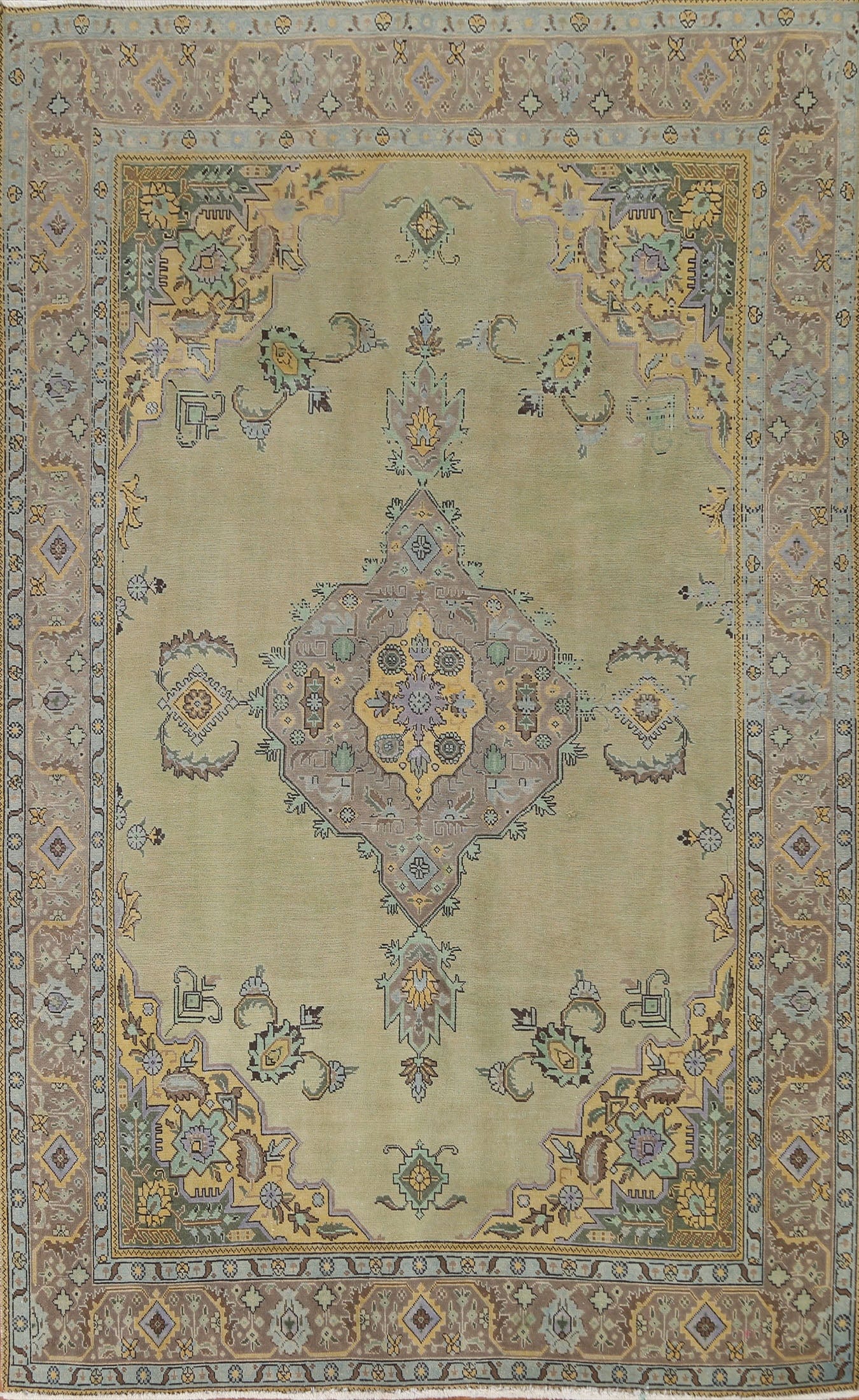 Vintage Green Tabriz Persian Area Rug 7x10