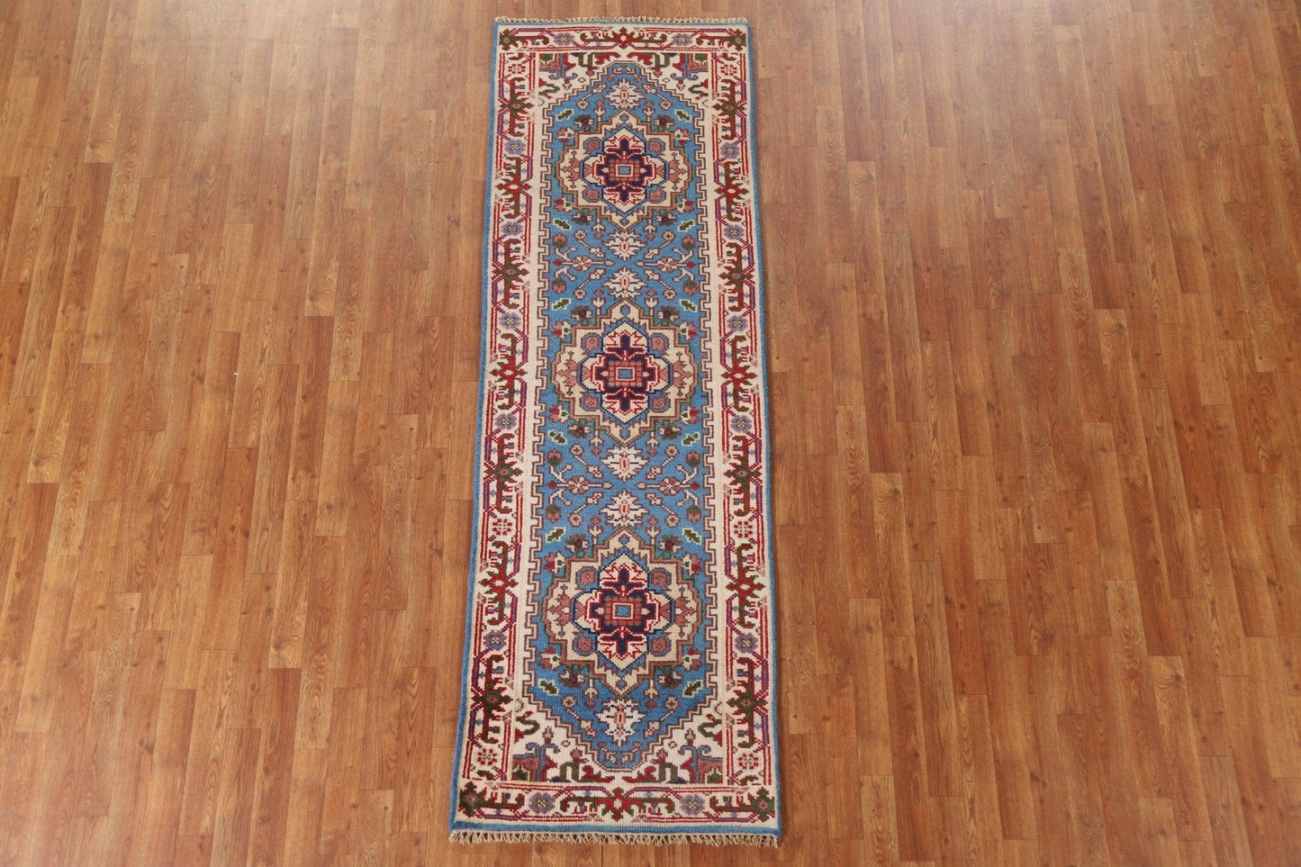 Light Blue Heriz Serapi Wool Runner Rug 3x8