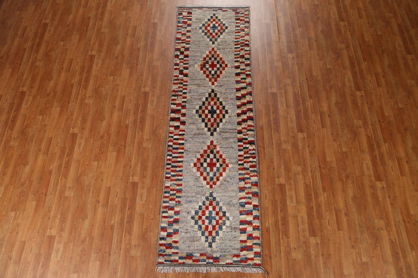 Wool Moroccan Checkered Runner Rug 3x10