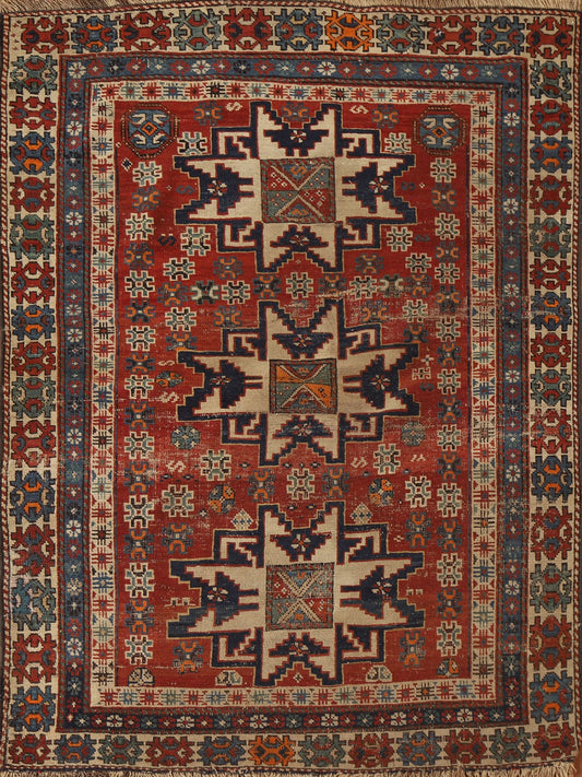 Pre-1900 Antique Vegetable Dye Kazak Caucasian Persian Rug 4x5