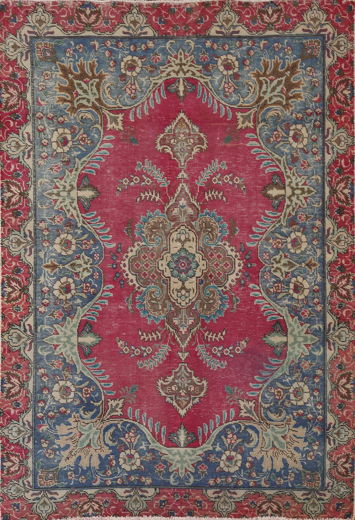 Pink Floral Wool Tabriz Persian Area Rug 5x6