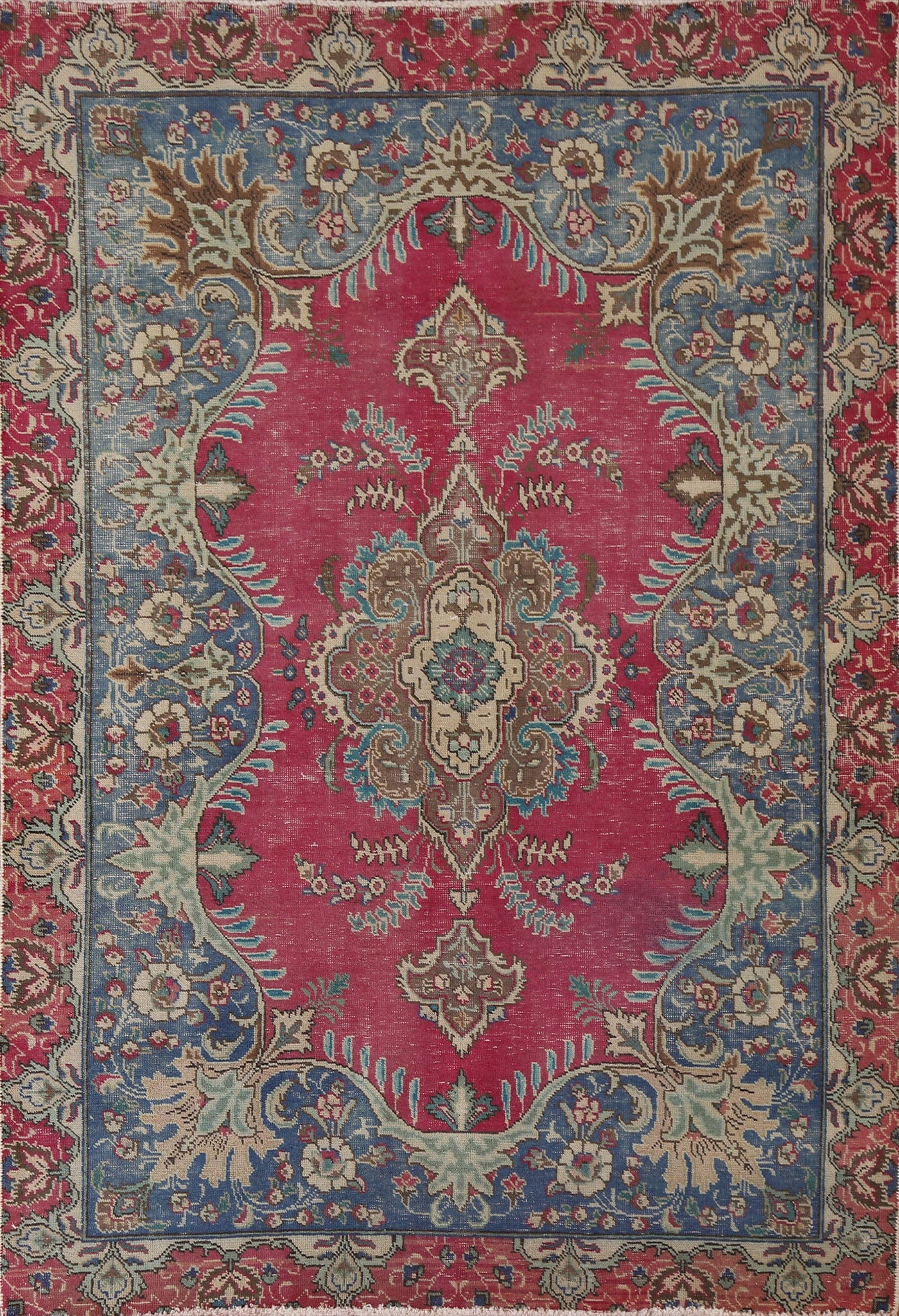 Pink Floral Wool Tabriz Persian Area Rug 5x6