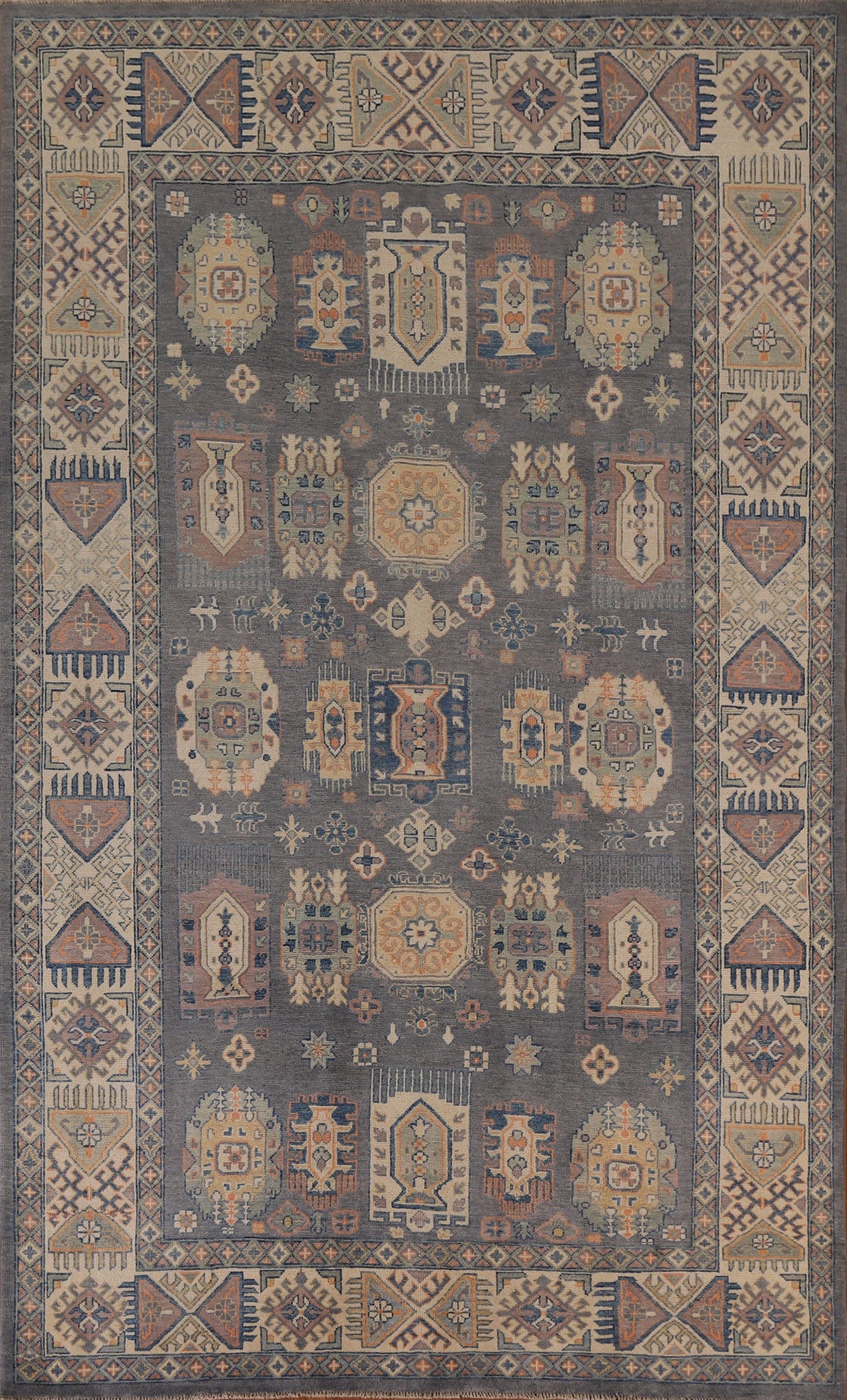 Grey Wool Kazak Vegetable Dye Area Rug 7x10