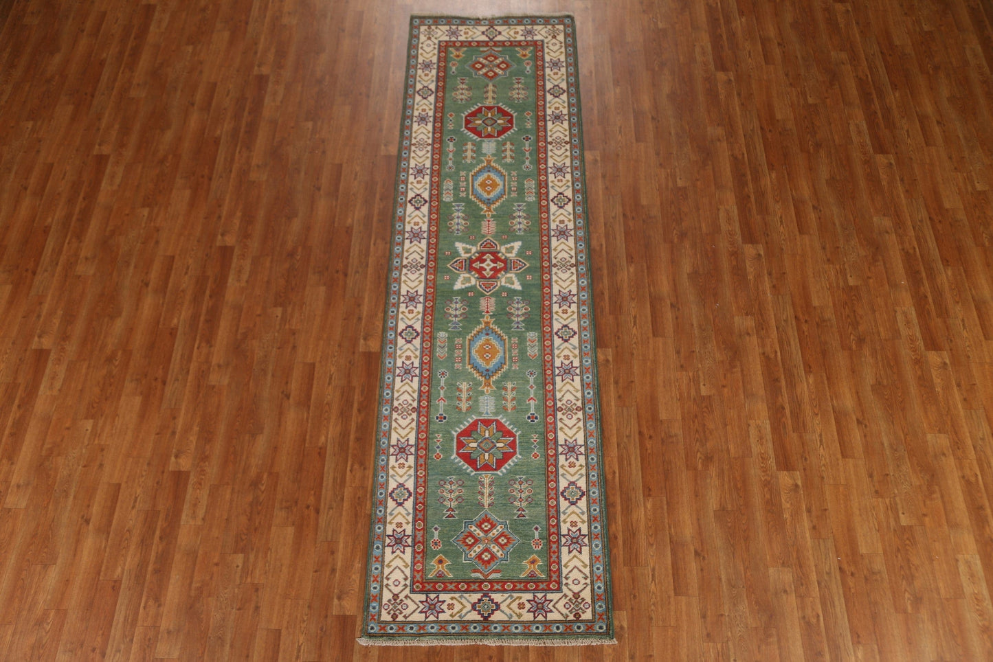 Green Wool Kazak Pakistani Runner Rug 3x10