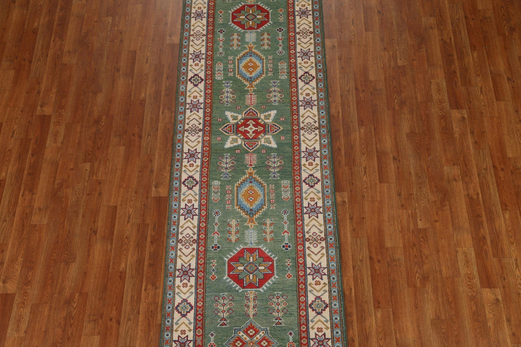 Green Wool Kazak Pakistani Runner Rug 3x10