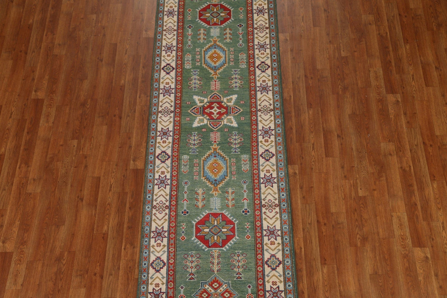 Green Wool Kazak Pakistani Runner Rug 3x10