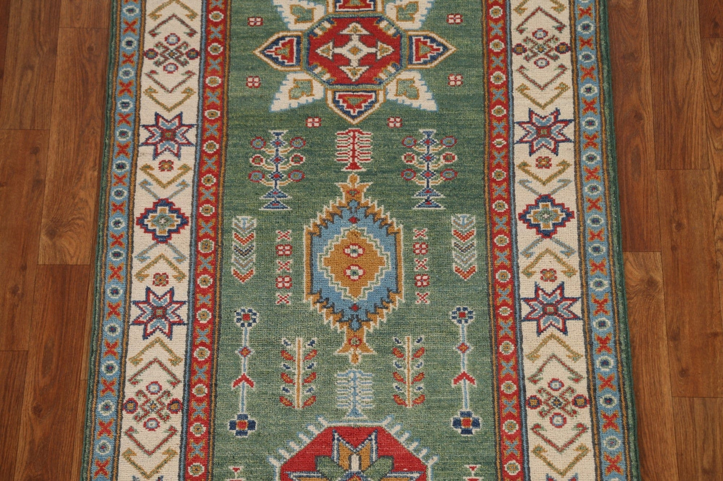 Green Wool Kazak Pakistani Runner Rug 3x10