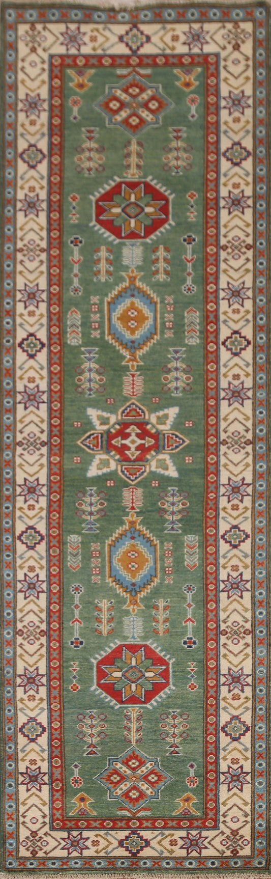 Green Wool Kazak Pakistani Runner Rug 3x10