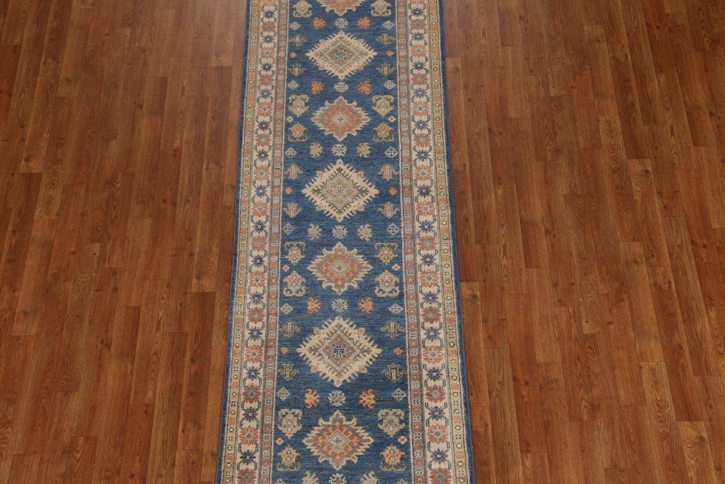 Blue Geometric Kazak Pakistani Runner Rug 3x9