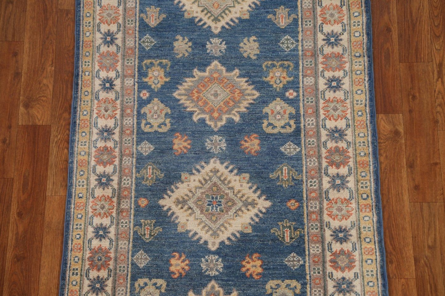 Blue Geometric Kazak Pakistani Runner Rug 3x9