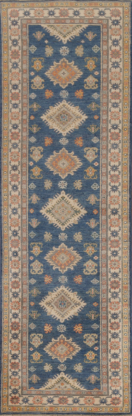 Blue Geometric Kazak Pakistani Runner Rug 3x9