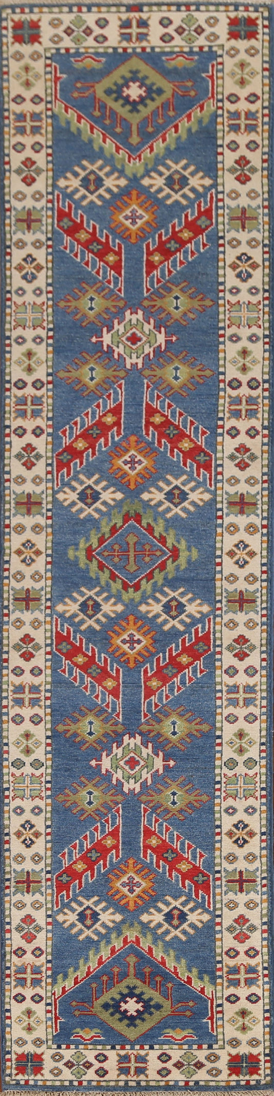 Light Blue Kazak Oriental Runner Rug 2x10