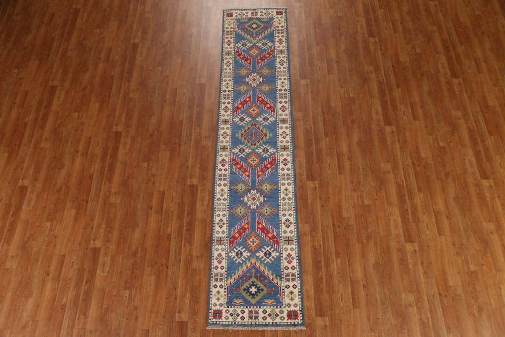 Light Blue Kazak Oriental Runner Rug 2x10