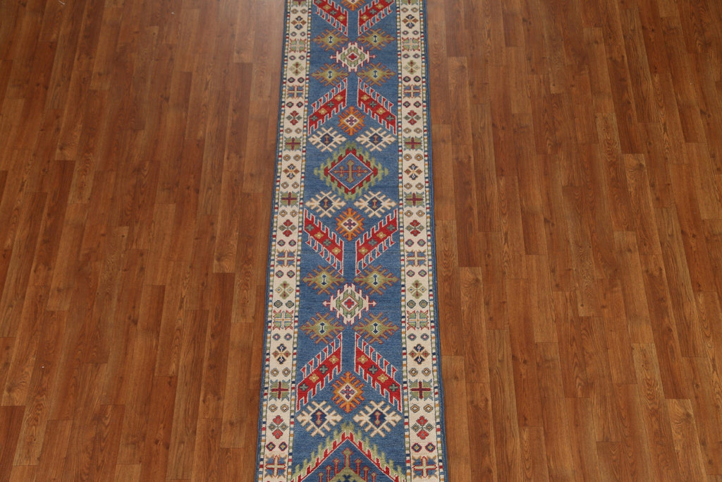 Light Blue Kazak Oriental Runner Rug 2x10