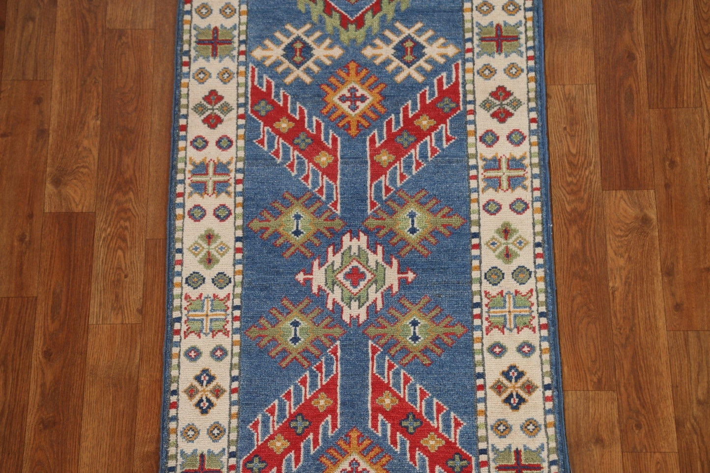 Light Blue Kazak Oriental Runner Rug 2x10