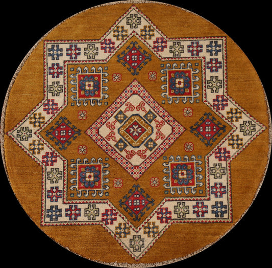 Geometric Wool Kazak Round Area Rug 3x3