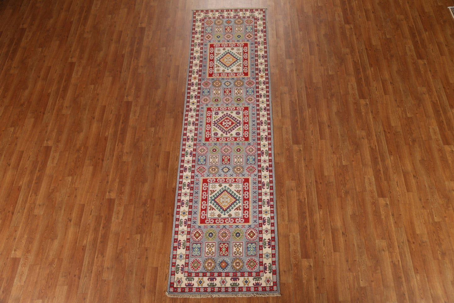 Gray Wool Kazak Oriental Runner Rug 3x10