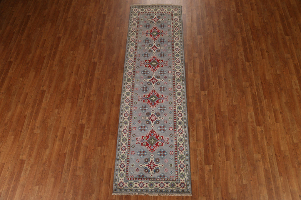 Gray Geometric Kazak Wool Runner Rug 3x10