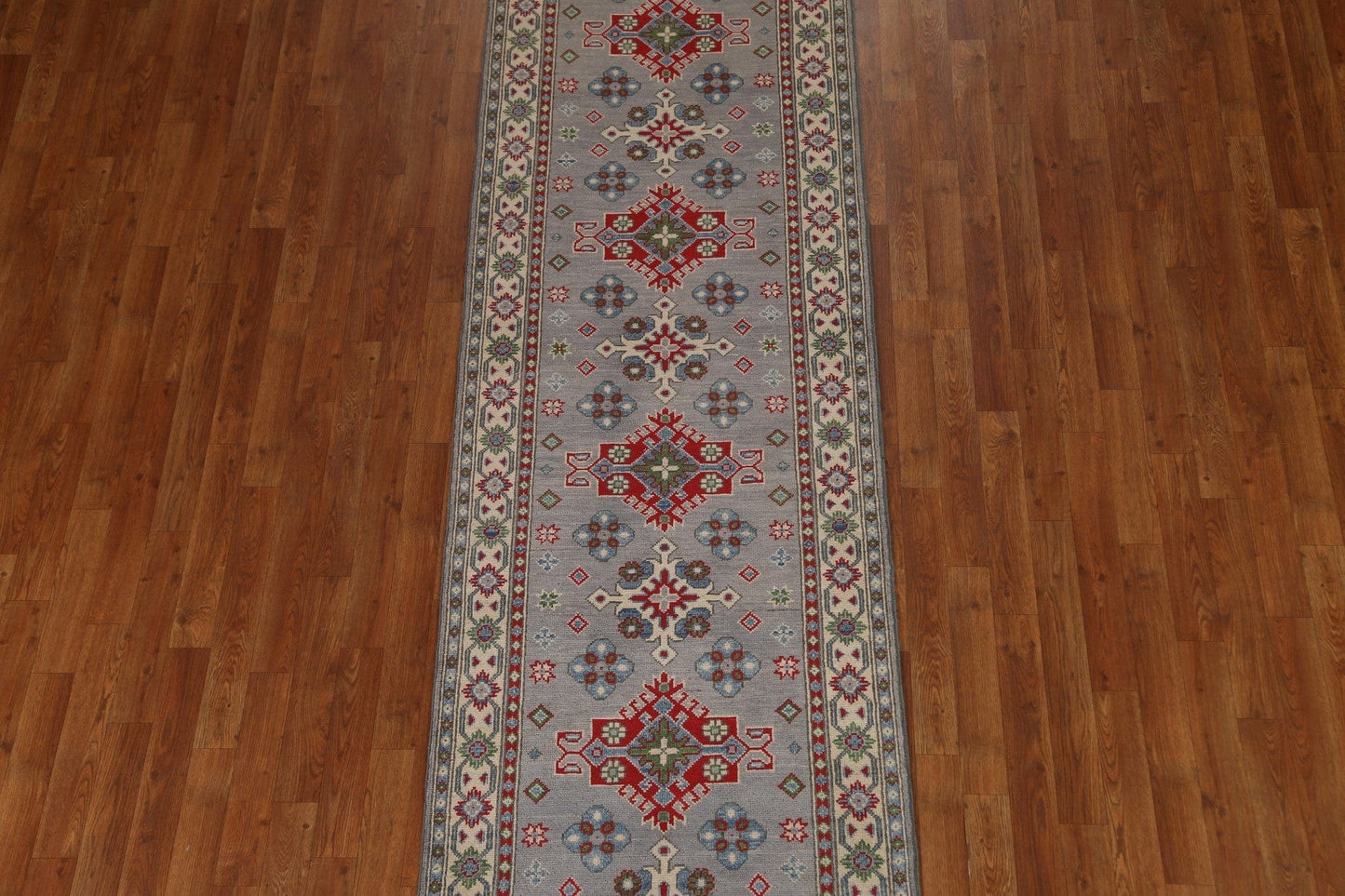 Gray Geometric Kazak Wool Runner Rug 3x10