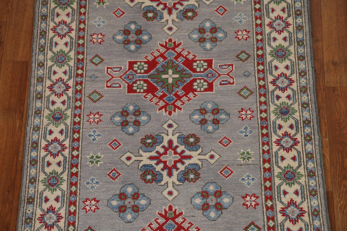 Gray Geometric Kazak Wool Runner Rug 3x10