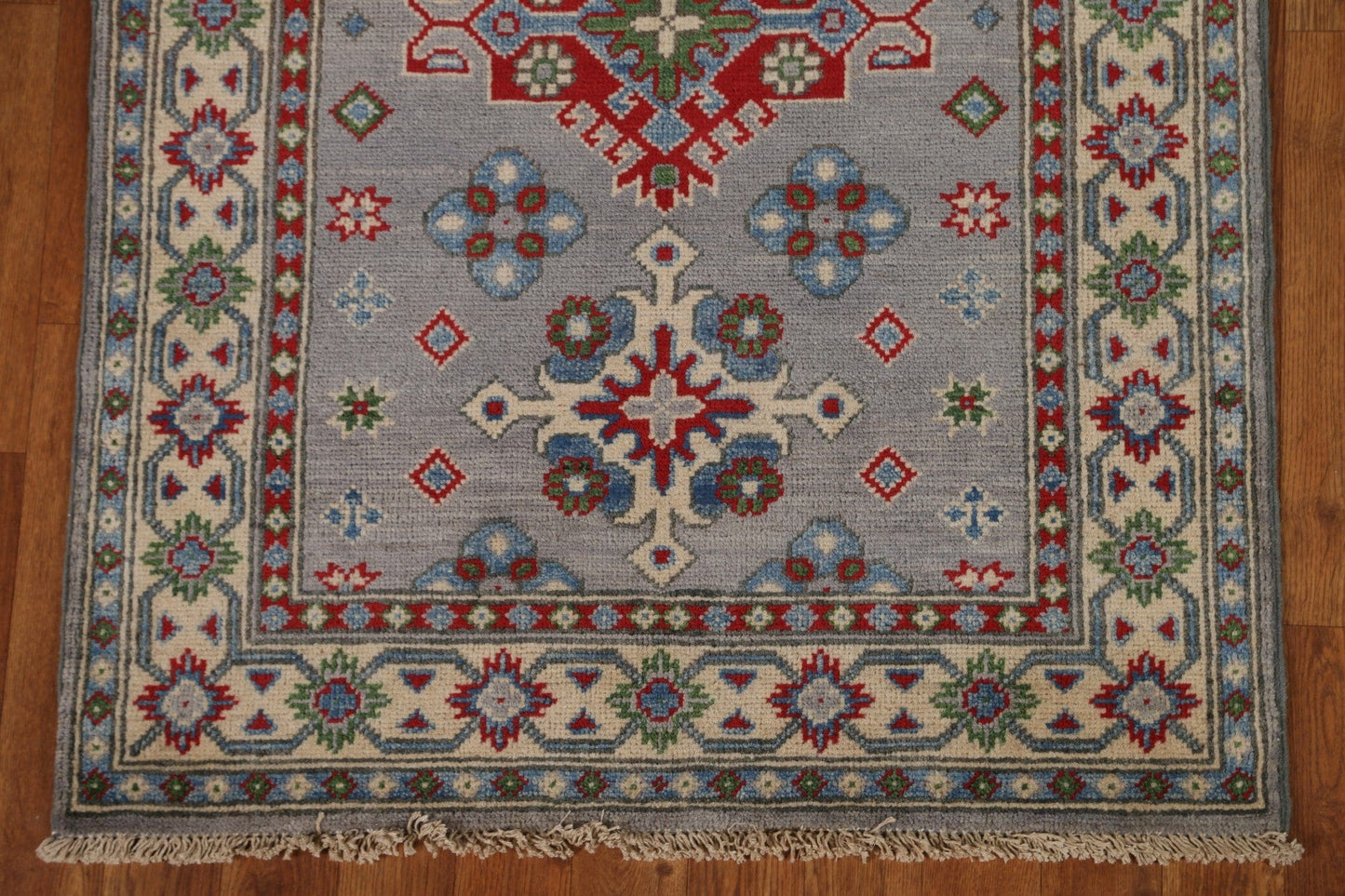 Gray Geometric Kazak Wool Runner Rug 3x10