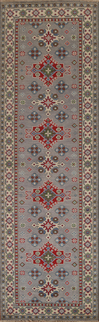 Gray Geometric Kazak Wool Runner Rug 3x10