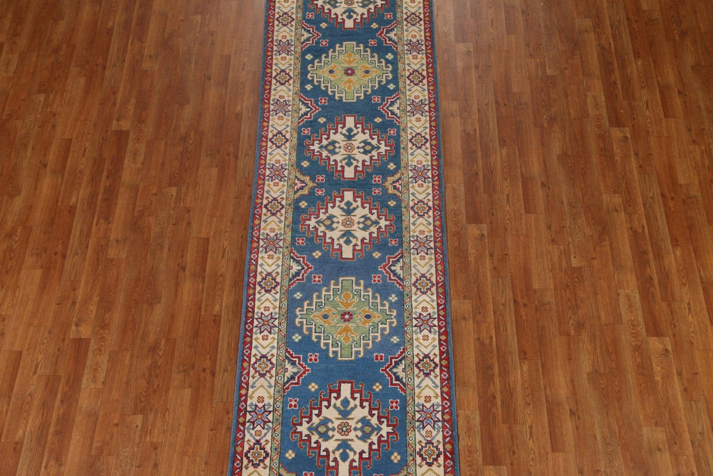 Blue Kazak Geometric Runner Rug 3x10