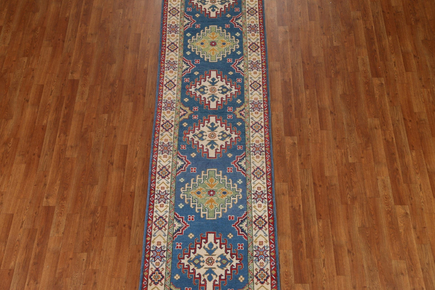 Blue Kazak Geometric Runner Rug 3x10