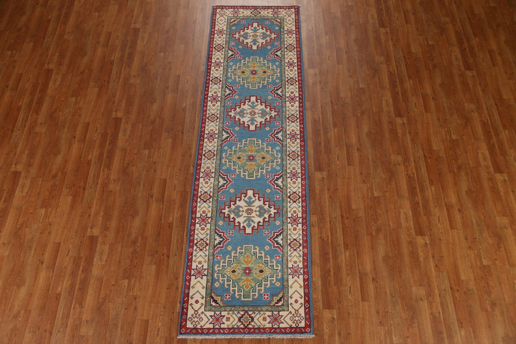 Light Blue Kazak Wool Runner Rug 3x10