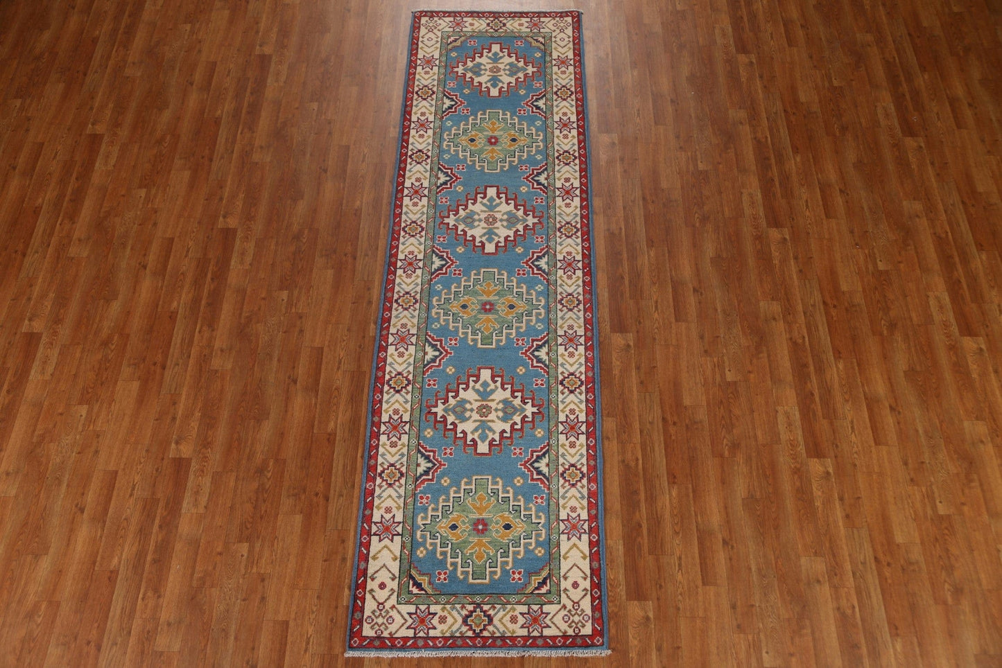 Light Blue Kazak Wool Runner Rug 3x10