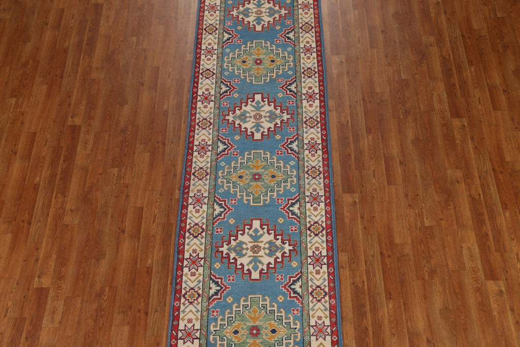 Light Blue Kazak Wool Runner Rug 3x10