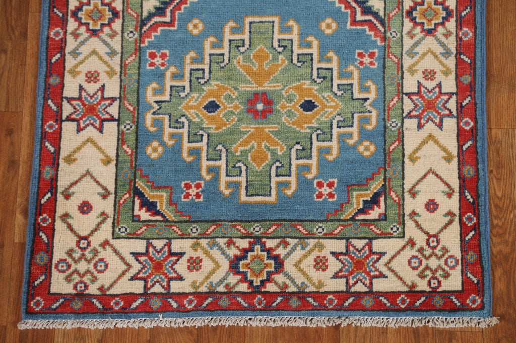 Light Blue Kazak Wool Runner Rug 3x10