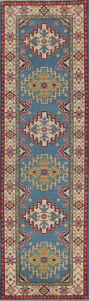 Light Blue Kazak Wool Runner Rug 3x10