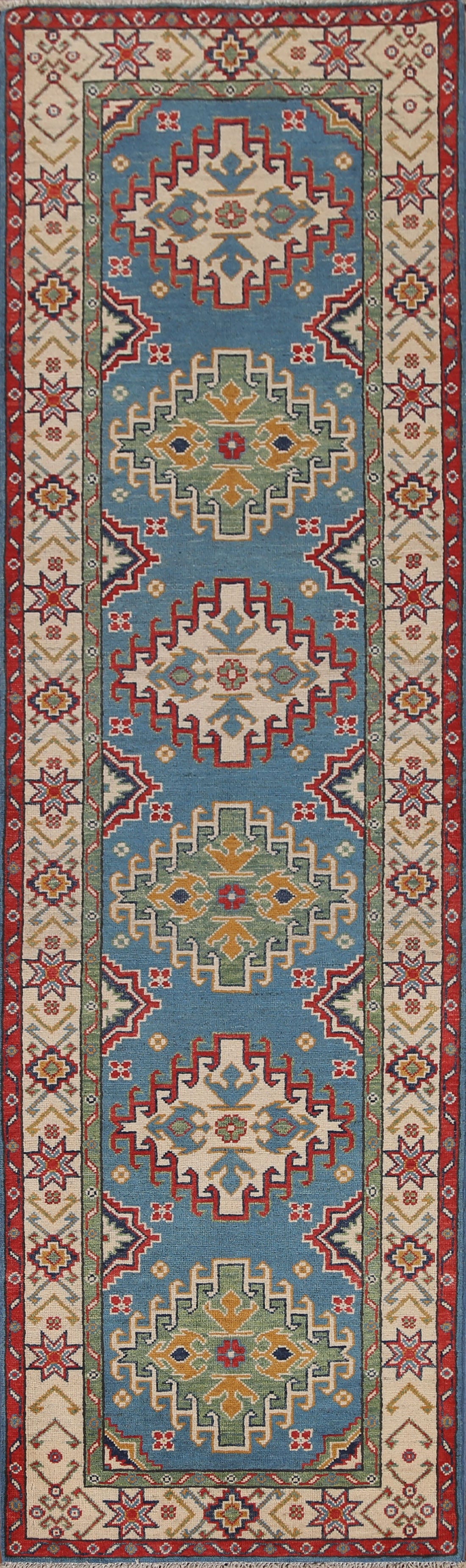 Light Blue Kazak Wool Runner Rug 3x10