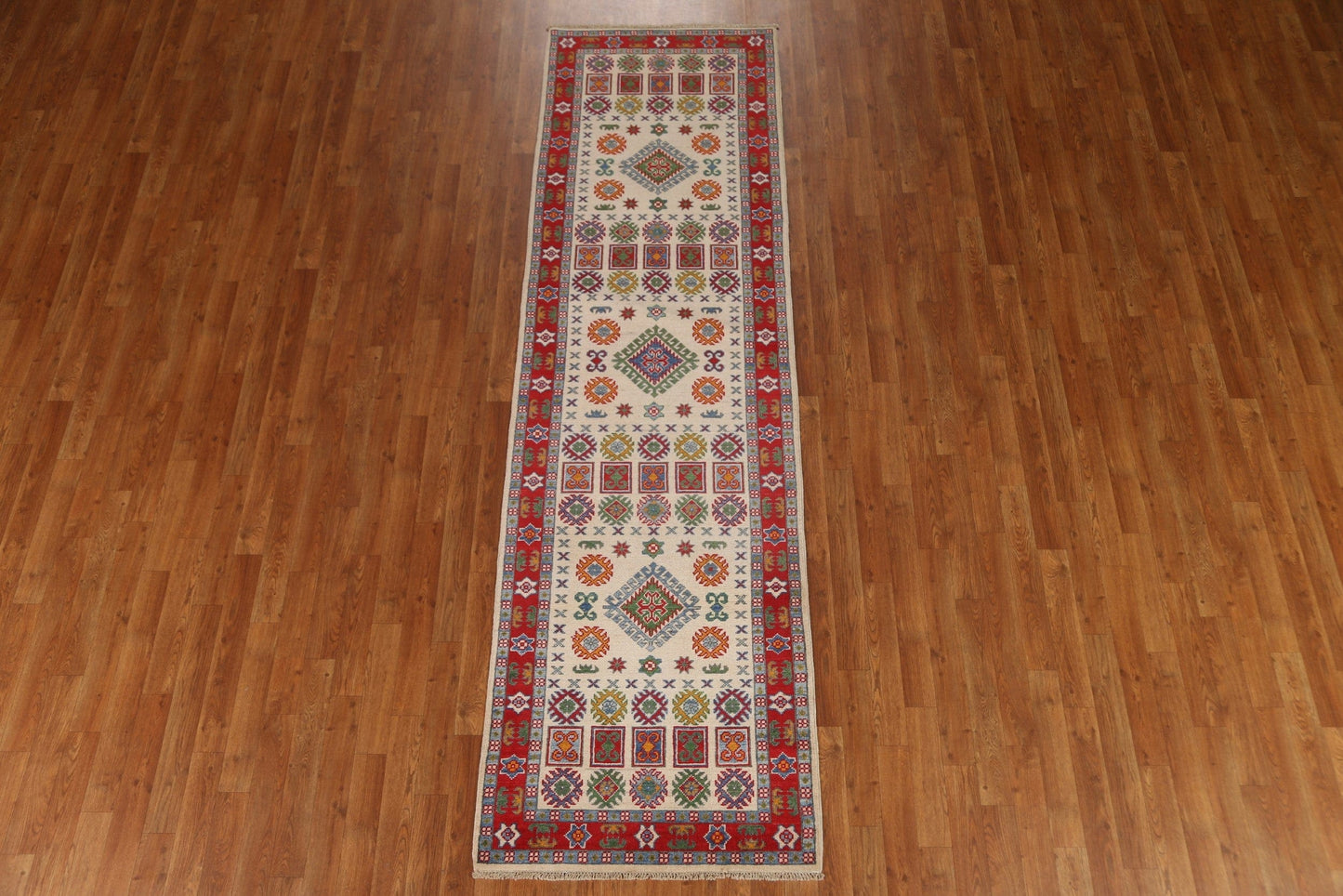 Geometric Kazak Handmade Runner Rug 3x10