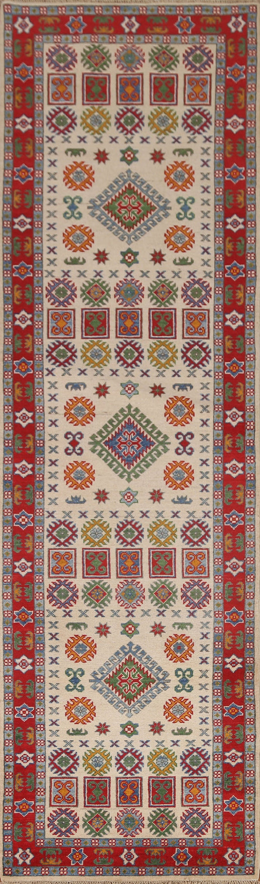 Geometric Kazak Handmade Runner Rug 3x10