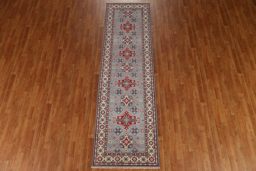 Gray Wool Kazak Geometric Runner Rug 3x10