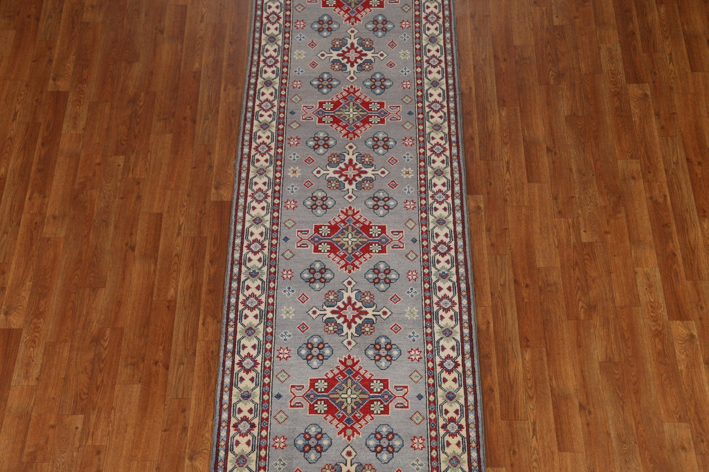 Gray Wool Kazak Geometric Runner Rug 3x10