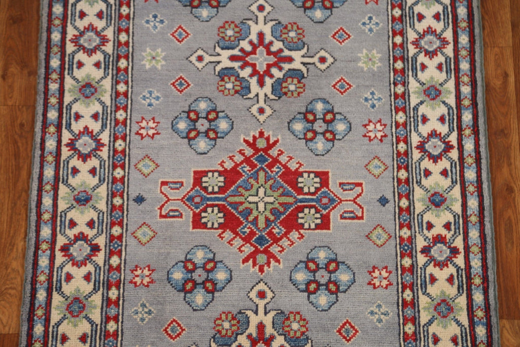 Gray Wool Kazak Geometric Runner Rug 3x10