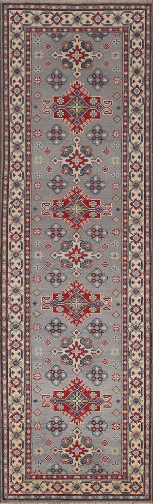 Gray Wool Kazak Geometric Runner Rug 3x10