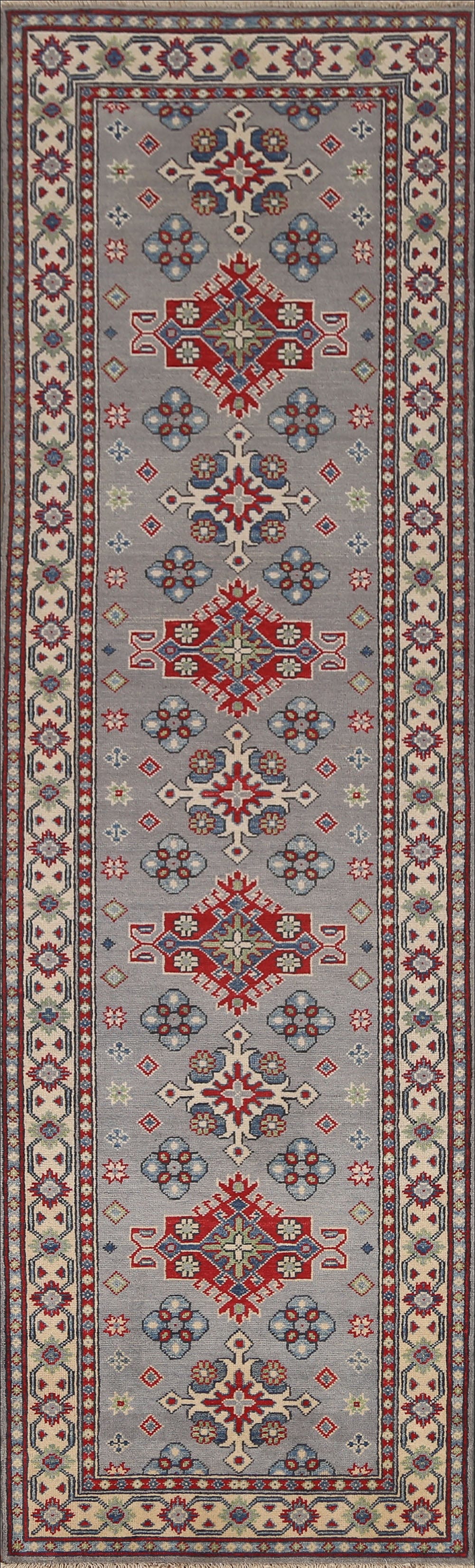 Gray Wool Kazak Geometric Runner Rug 3x10