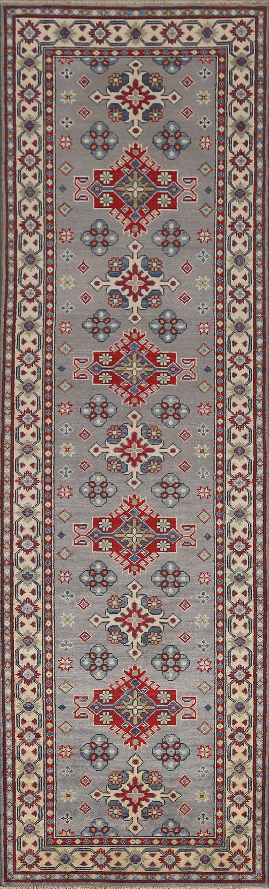 Gray Wool Kazak Geometric Runner Rug 3x10