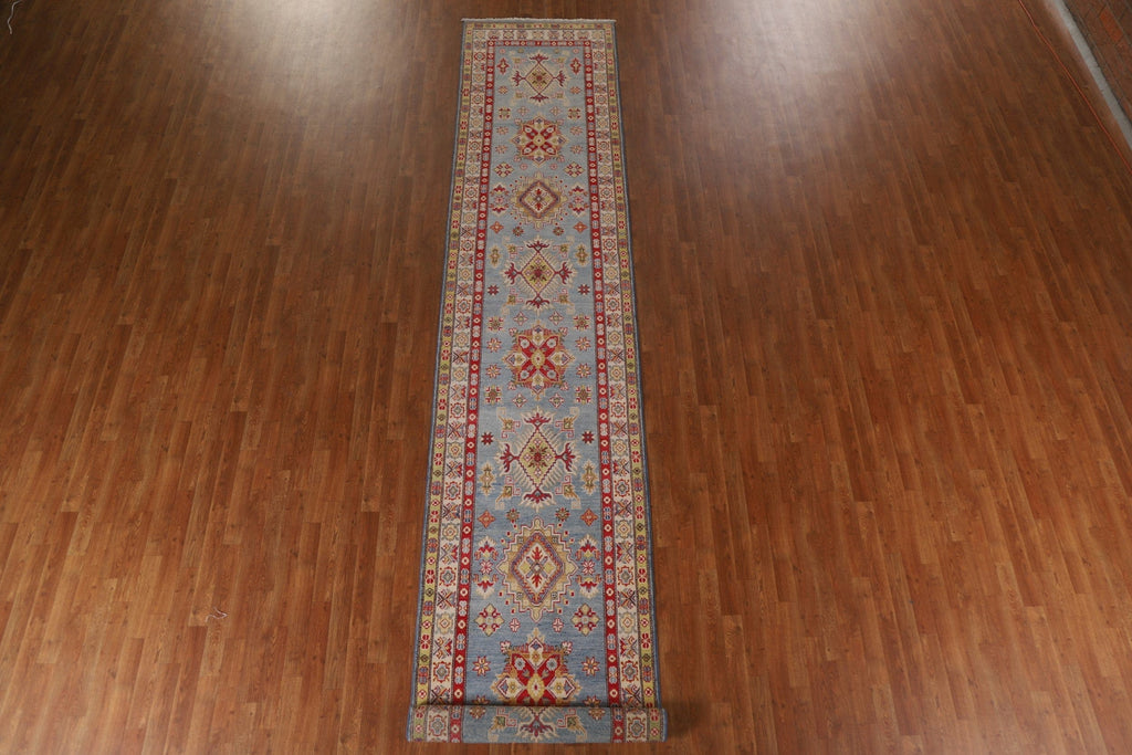 Light Blue Kazak Wool Runner Rug 3x17