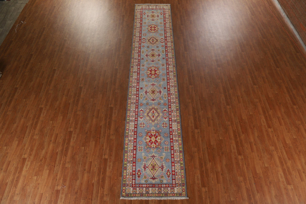 Light Blue Kazak Wool Runner Rug 3x17