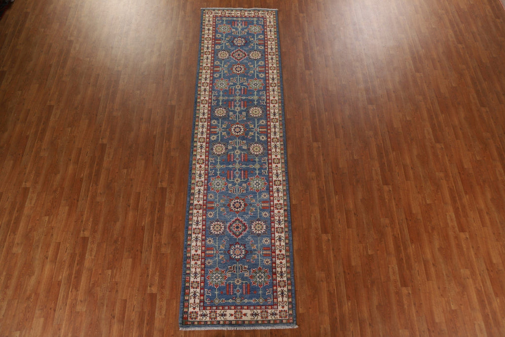 Geometric Blue Kazak Oriental Runner Rug 3x13