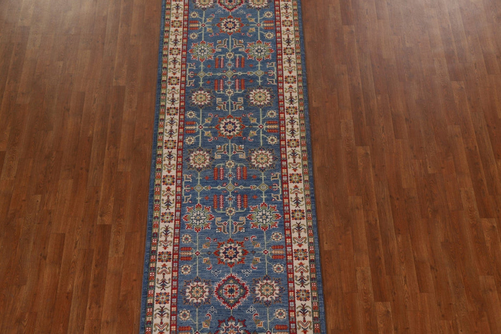 Geometric Blue Kazak Oriental Runner Rug 3x13