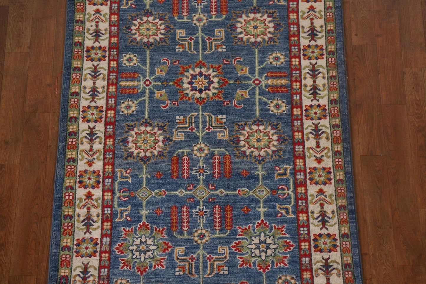 Geometric Blue Kazak Oriental Runner Rug 3x13